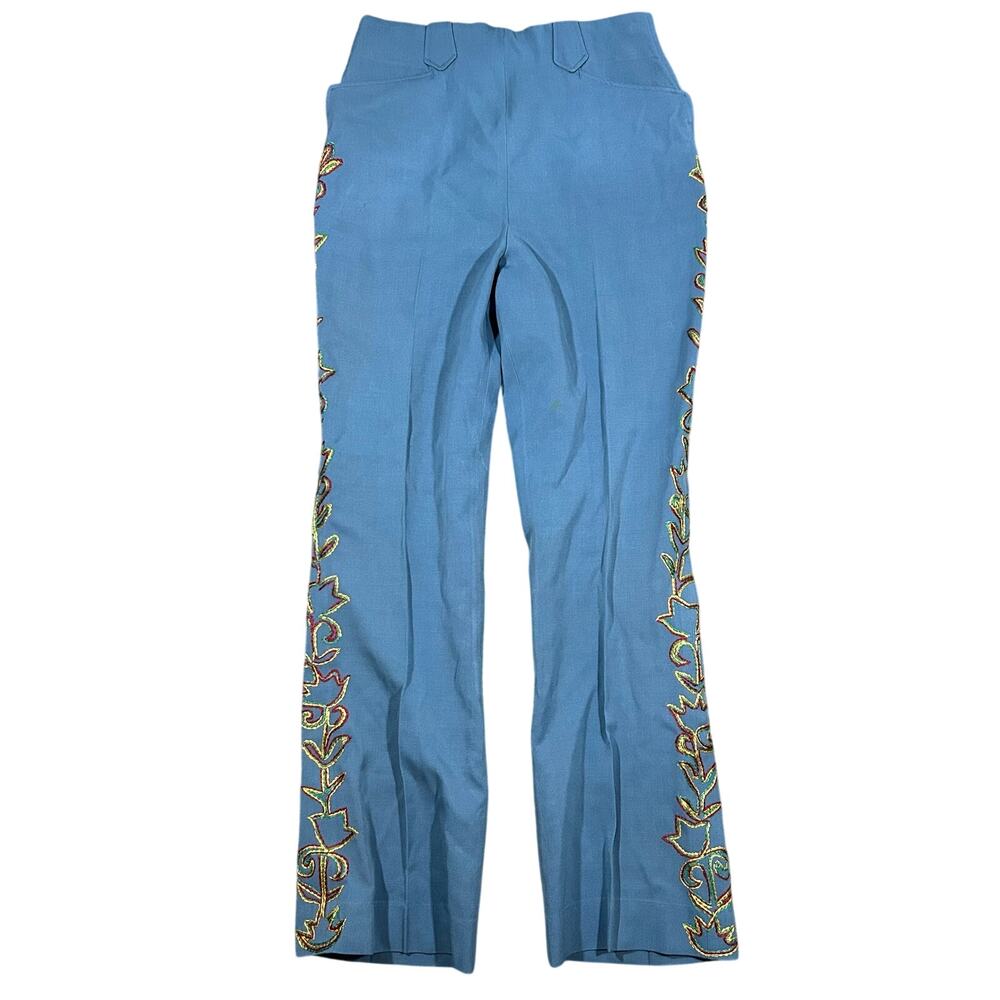 Vintage 60s Embroidered Floral Pants Womens 30x30 Hippie High Waist Talon Zip